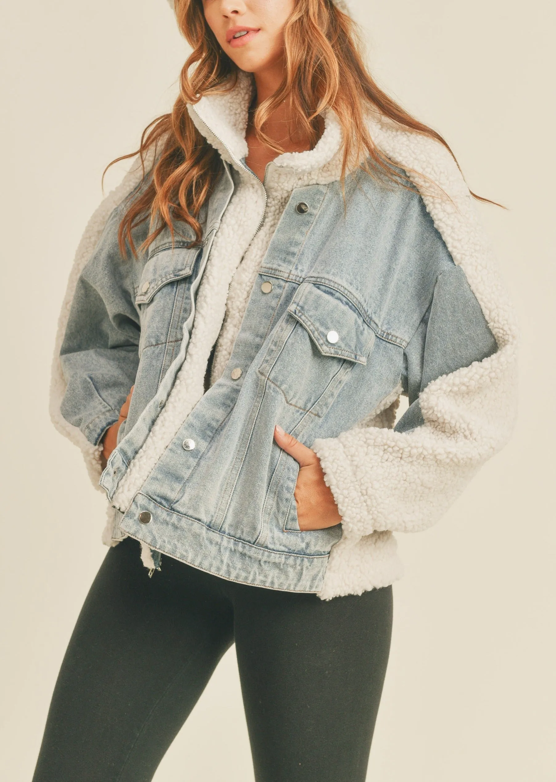 Fleece and Denim Combo Oversized Jacket sold by Evercado