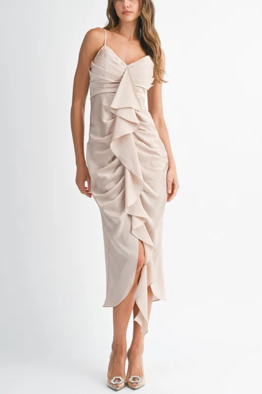 Ruffled Satin Midi Dress – Elegant Draped Front sold by Evercado