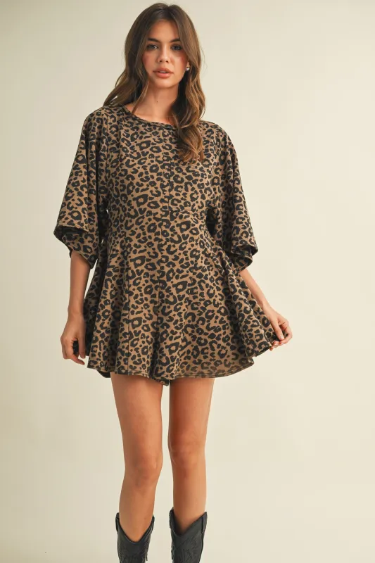 Leopard Print Flared Romper with Wide Sleeves sold by Evercado