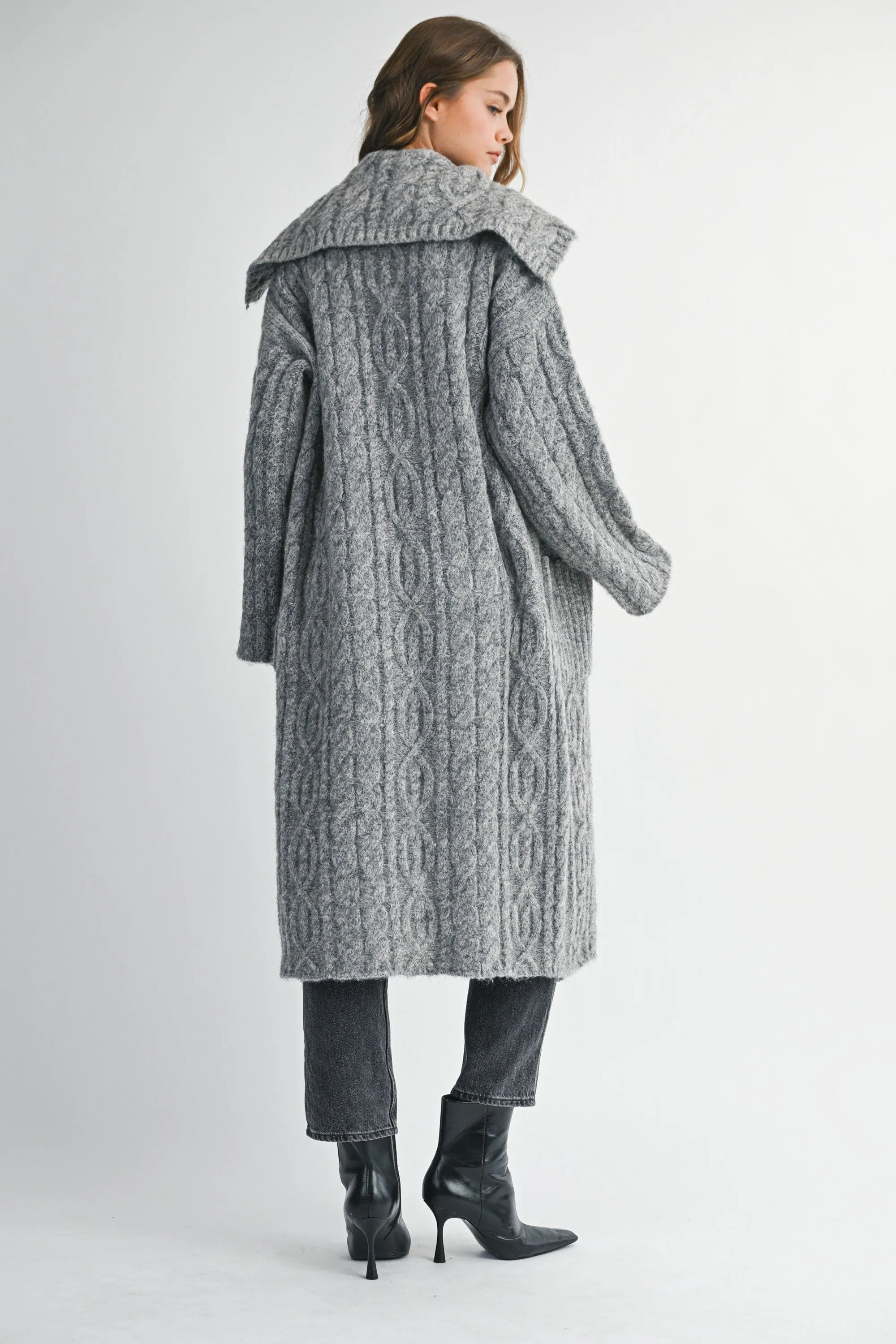 Cozy Cable Knit Longline Cardigan Coat with Wide Collar sold by Evercado product image thumbnail 4