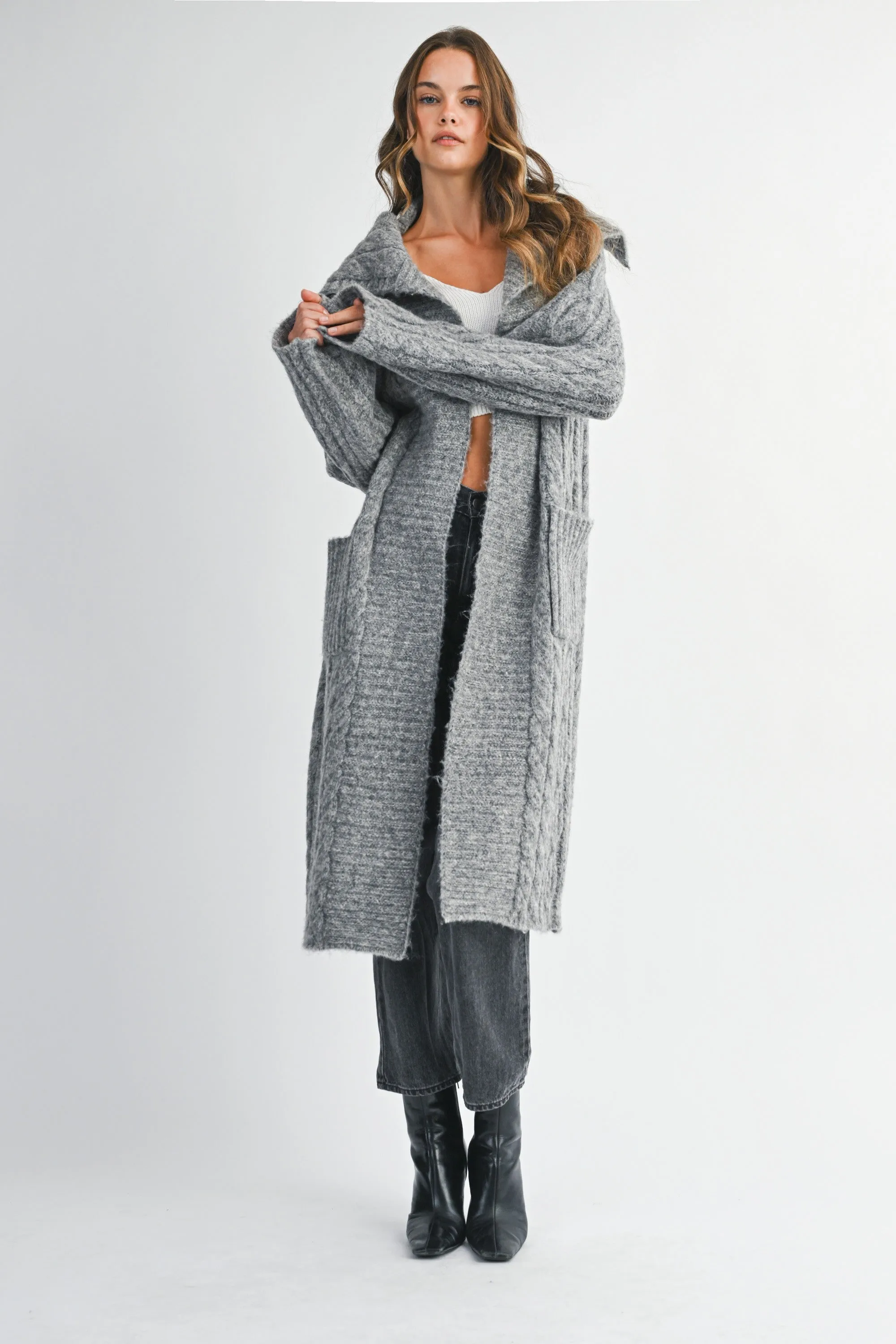 Cozy Cable Knit Longline Cardigan Coat with Wide Collar sold by Evercado