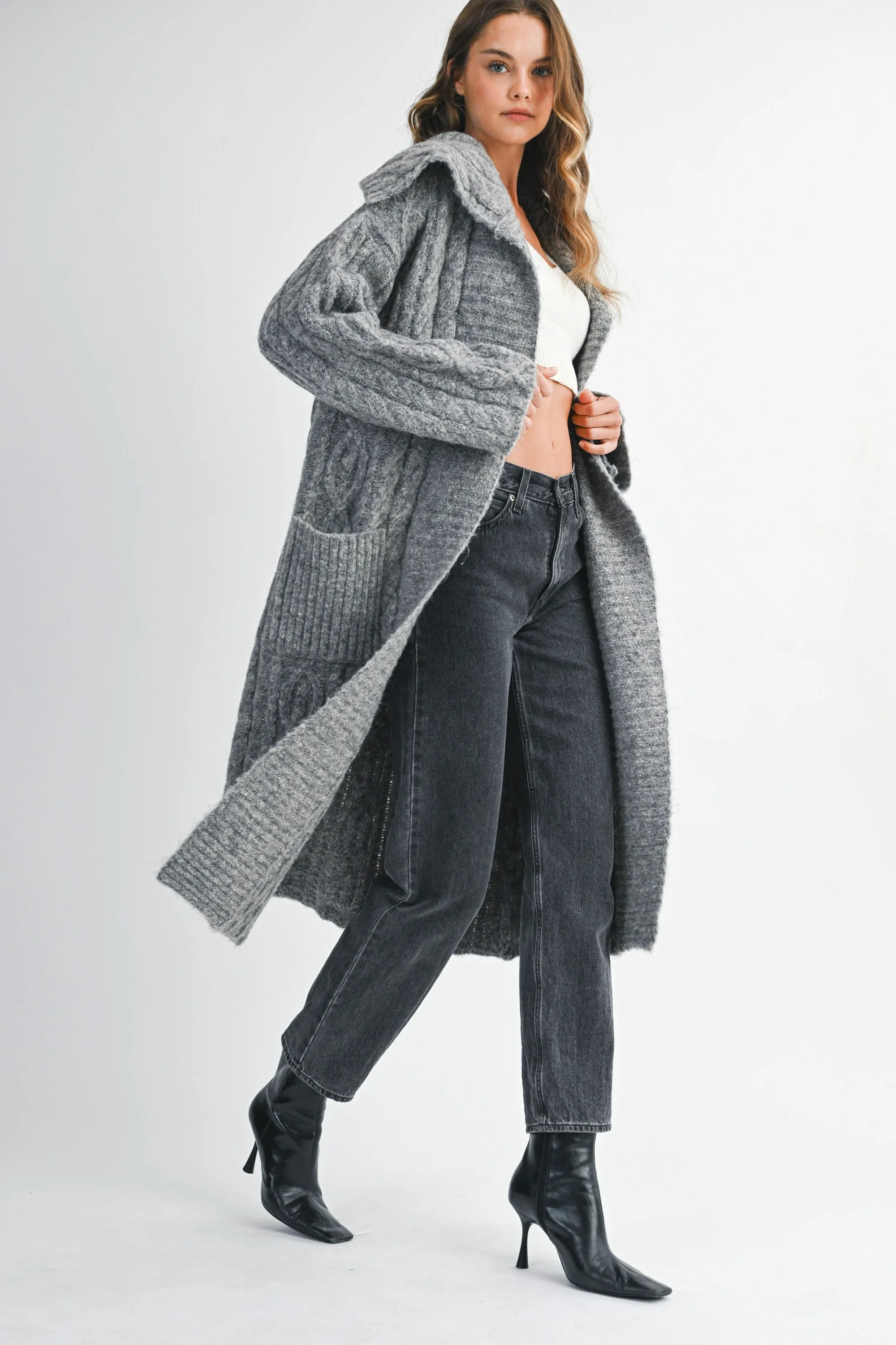 Cozy Cable Knit Longline Cardigan Coat with Wide Collar sold by Evercado product image thumbnail 2