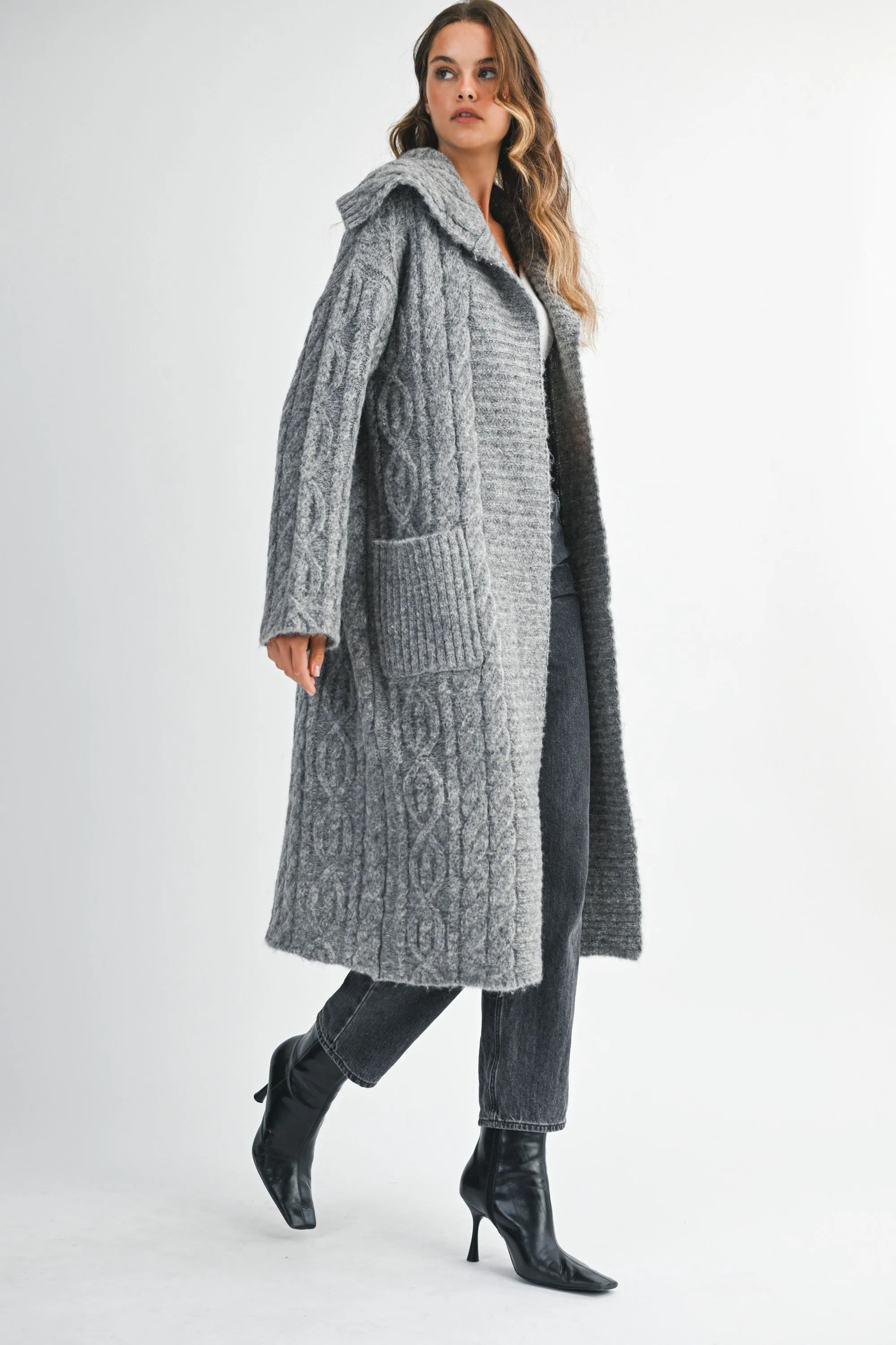 Cozy Cable Knit Longline Cardigan Coat with Wide Collar sold by Evercado product image thumbnail 3