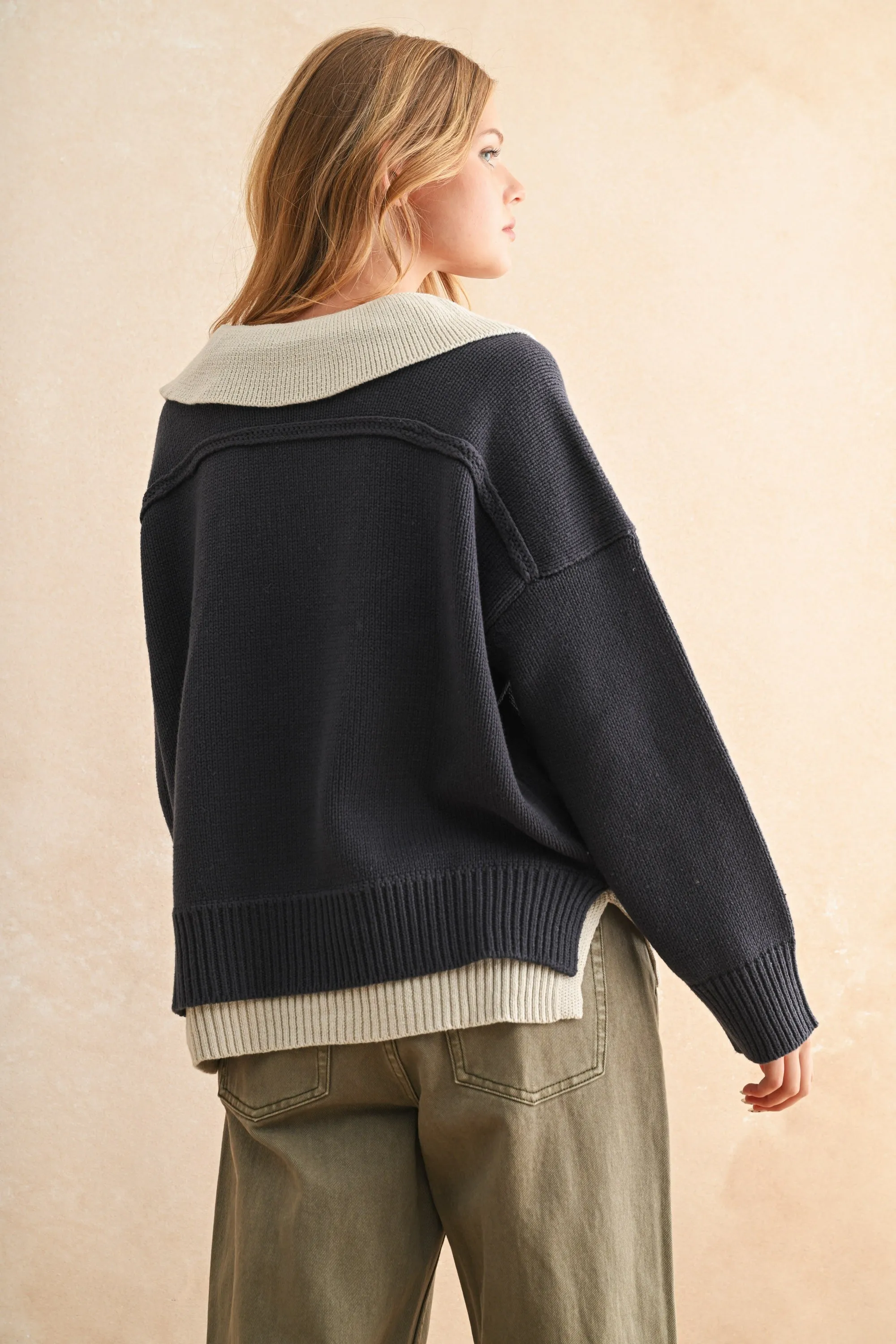 Contrast Collar V-Neck Knit Sweater – Oversized Pullover sold by Evercado product image thumbnail 3