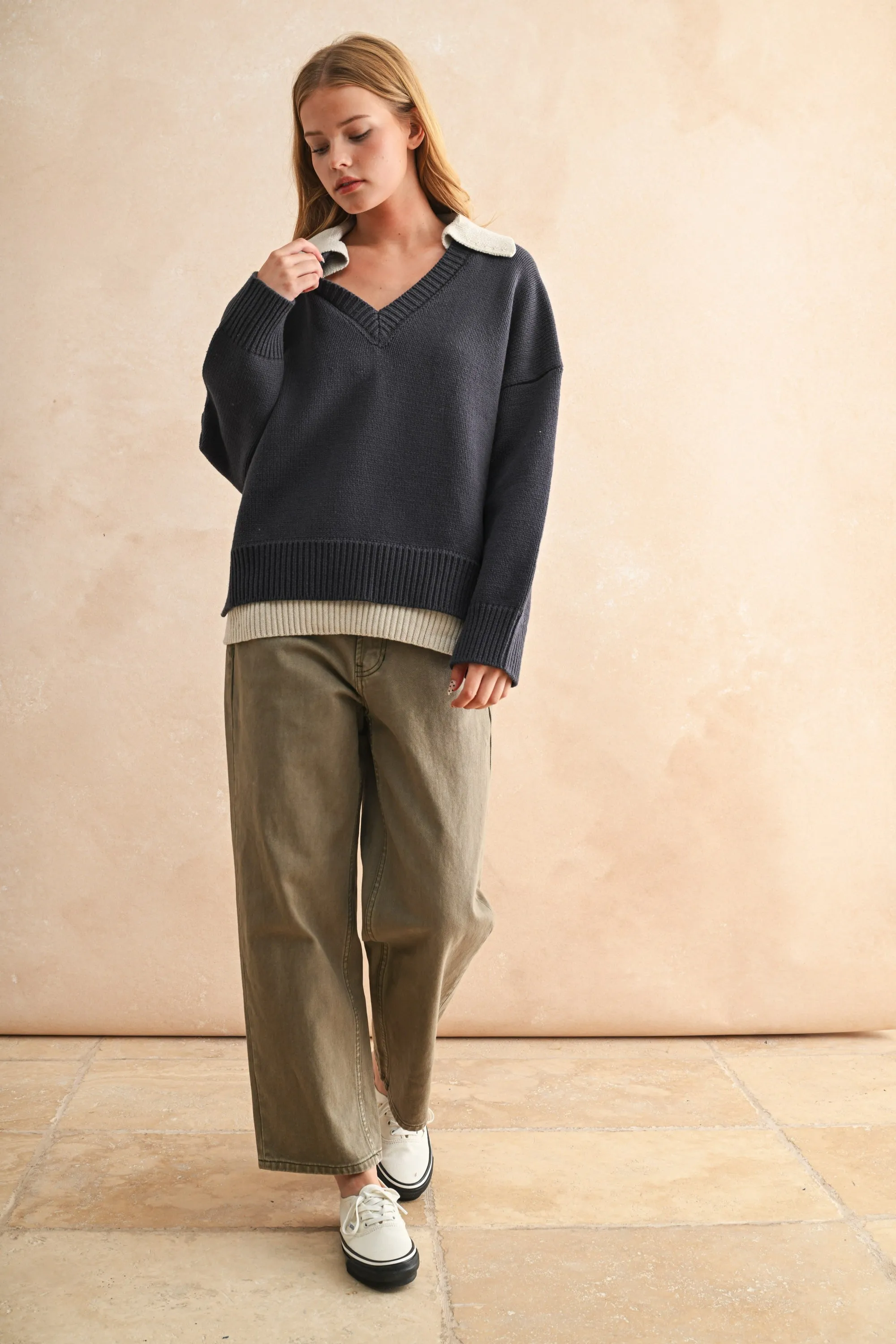 Contrast Collar V-Neck Knit Sweater – Oversized Pullover sold by Evercado product image thumbnail 5