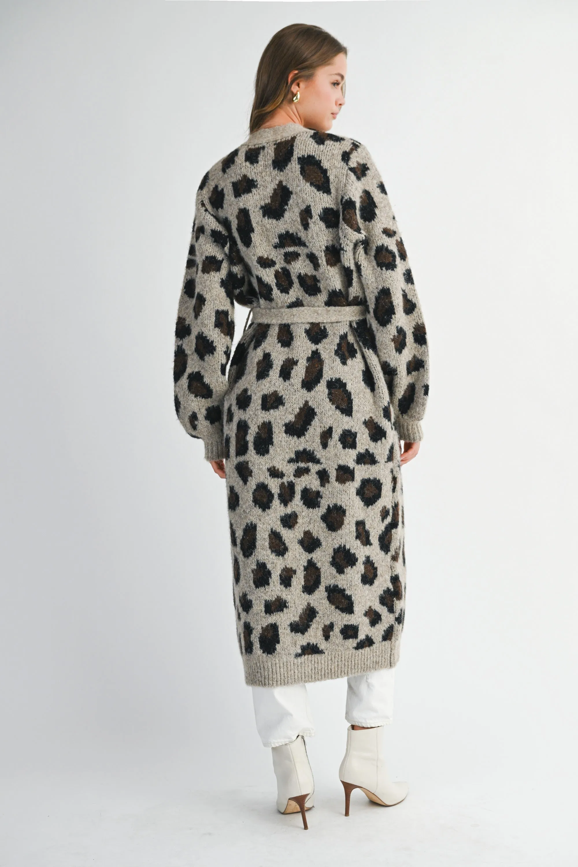 Leopard Print Long Knit Cardigan with Belt sold by Evercado product image thumbnail 4