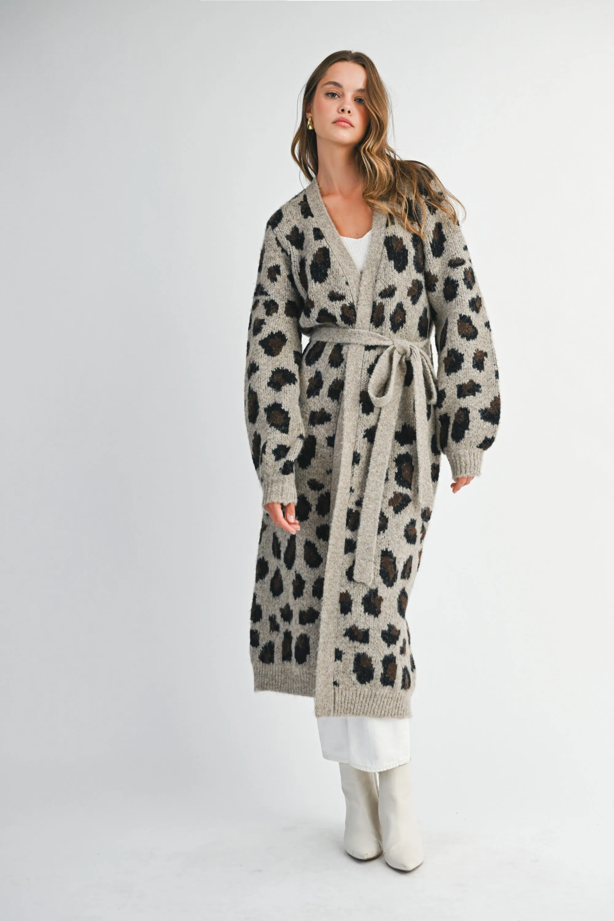 Leopard Print Long Knit Cardigan with Belt sold by Evercado product image thumbnail 2