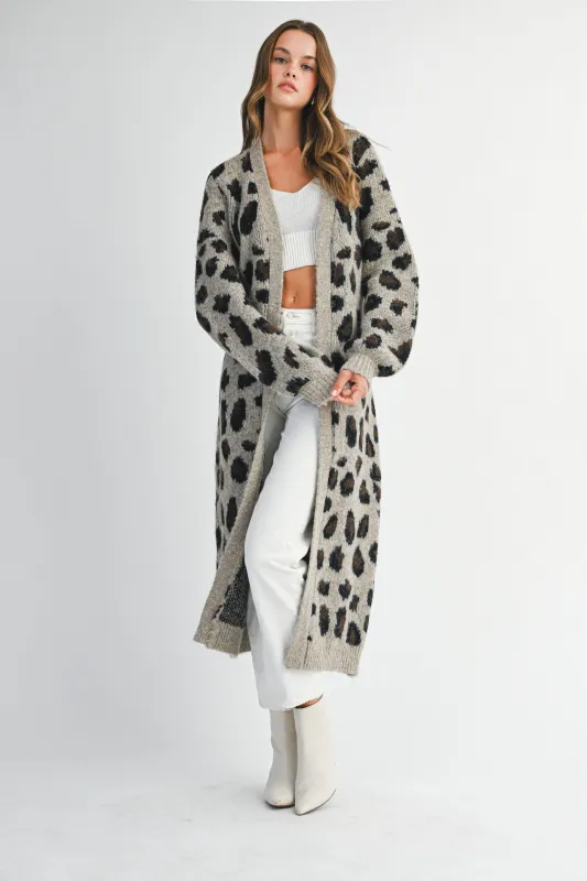 Leopard Print Long Knit Cardigan with Belt sold by Evercado