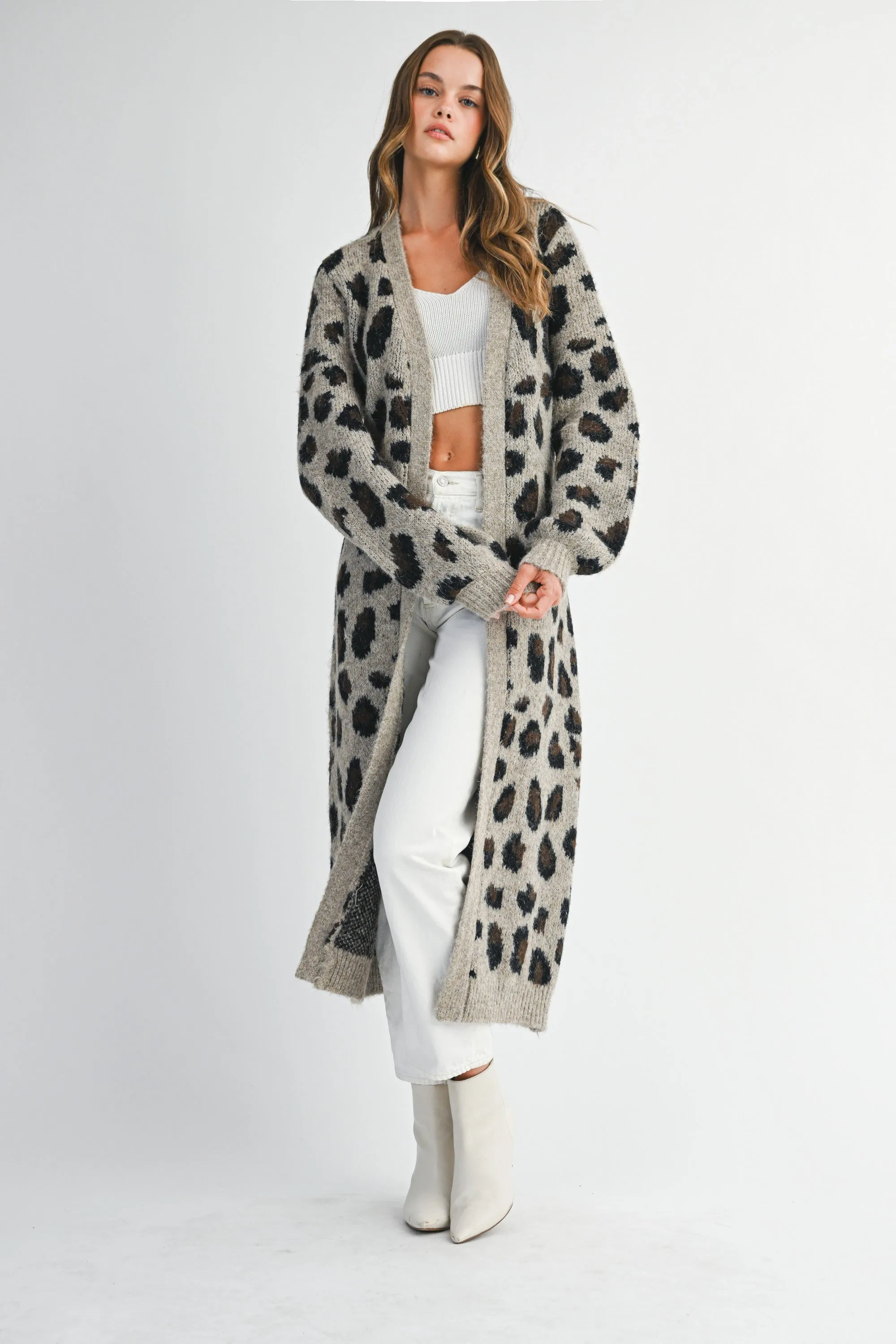 Leopard Print Long Knit Cardigan with Belt sold by Evercado
