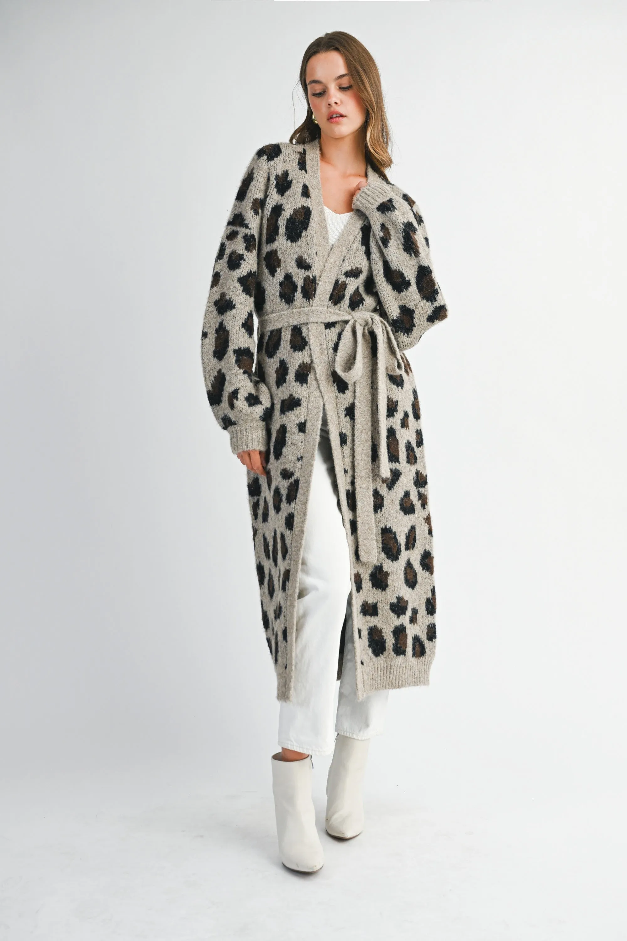 Leopard Print Long Knit Cardigan with Belt sold by Evercado product image thumbnail 5