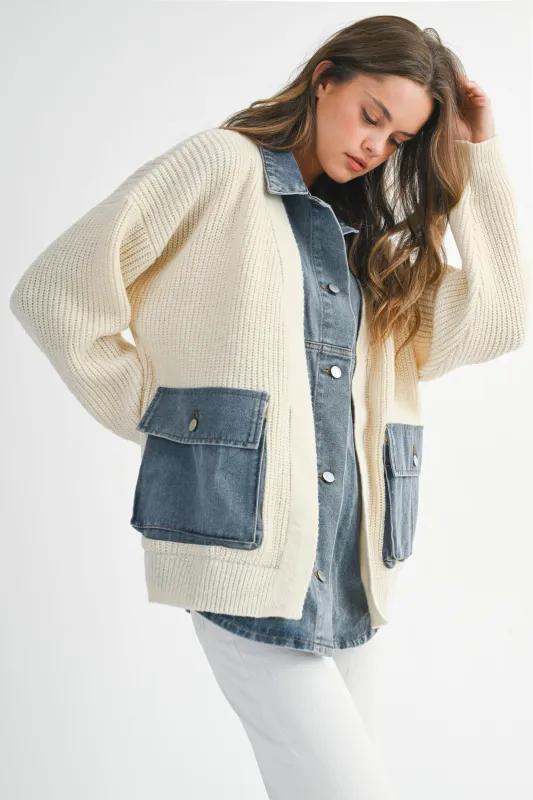Oversized Knit Cardigan with Contrast Denim Collar & Pockets sold by Evercado