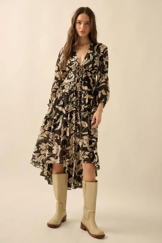 Floral Print Chiffon Midi Dress with Plunging Neckline & High-Low Hem sold by Evercado
