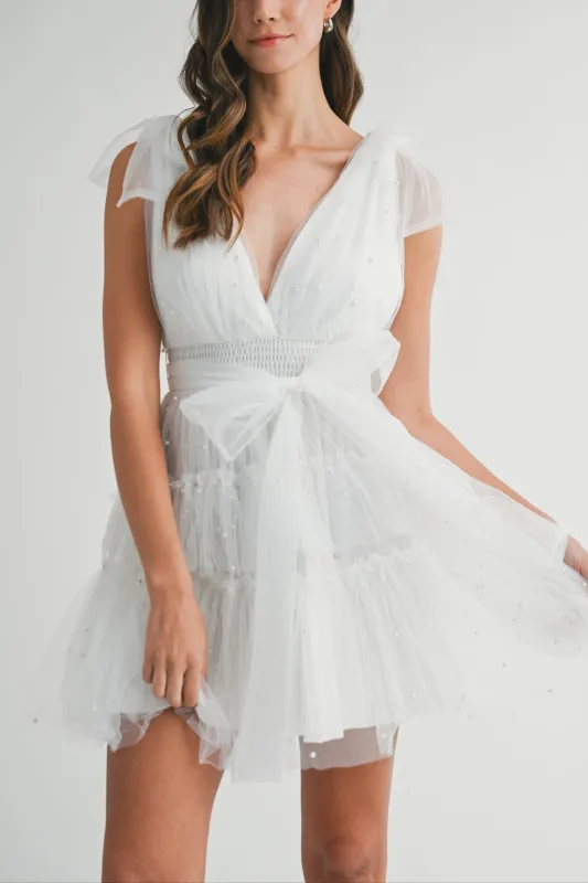 White Tulle Pearl Embellished Mini Dress sold by Evercado