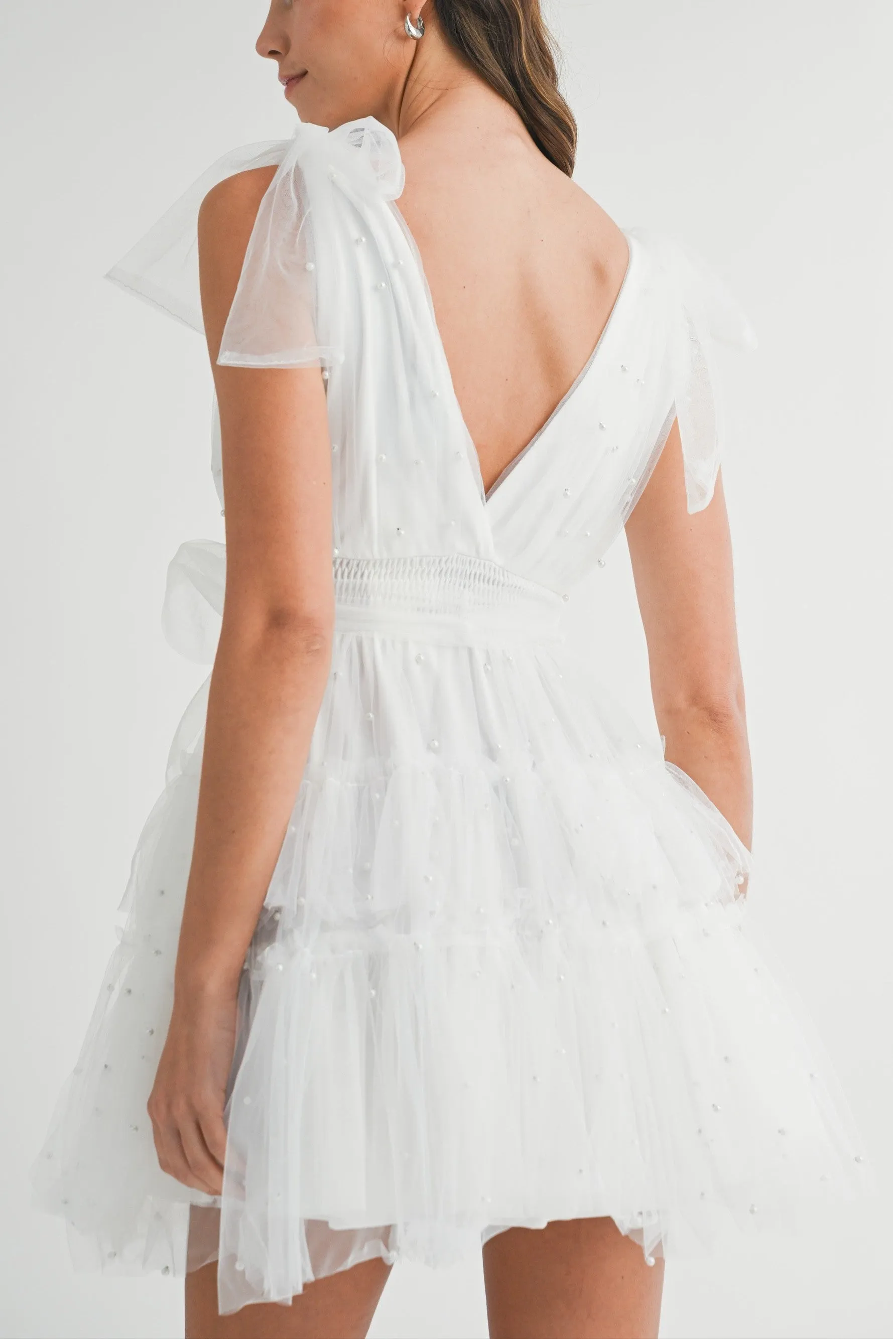 White Tulle Pearl Embellished Mini Dress sold by Evercado product image thumbnail 3