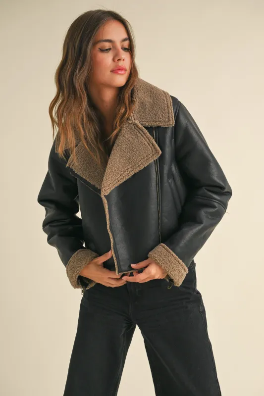 Faux Leather Sherpa Collar Jacket sold by Evercado