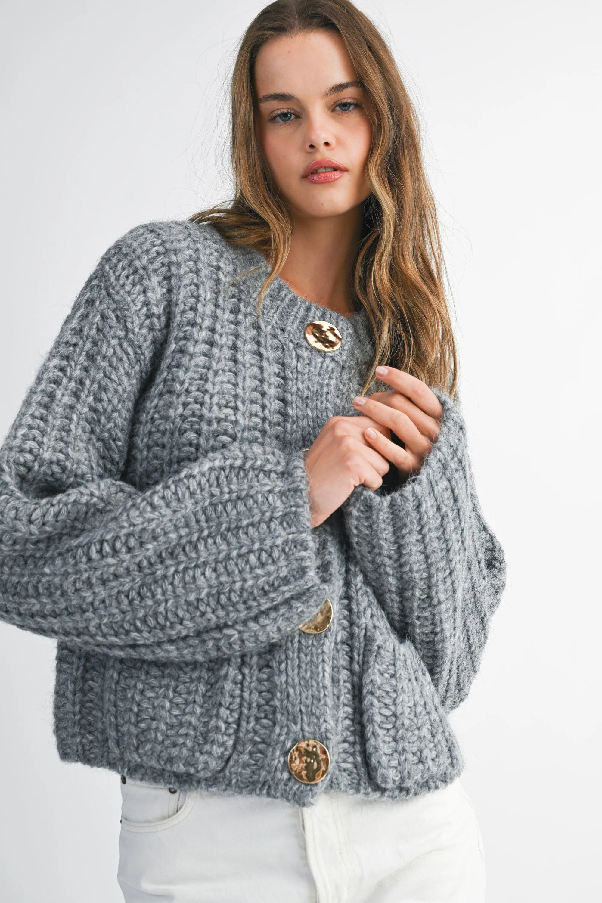 Chunky Knit Gold Button Cardigan sold by Evercado product image thumbnail 2