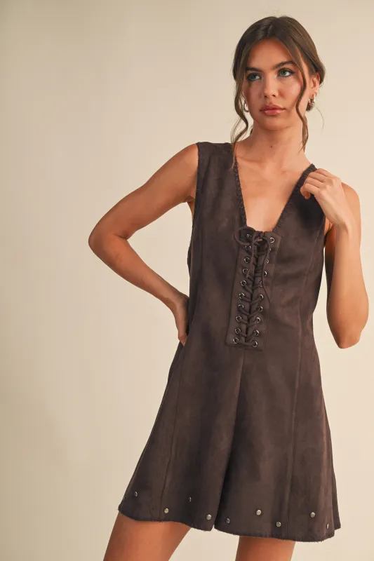 Suede Lace-Up Romper with Stud Detail made by Evercado