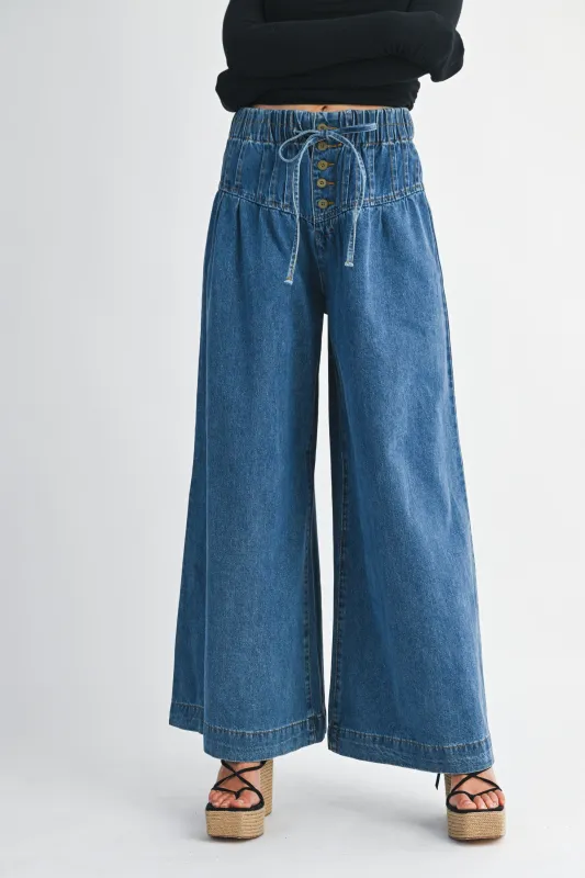 High-Waist Pleated Wide Leg Denim Pants sold by Evercado