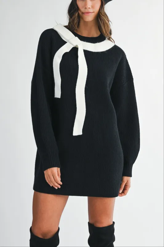 Knit Sweater Mini Dress with Contrast Bow Detail sold by Evercado