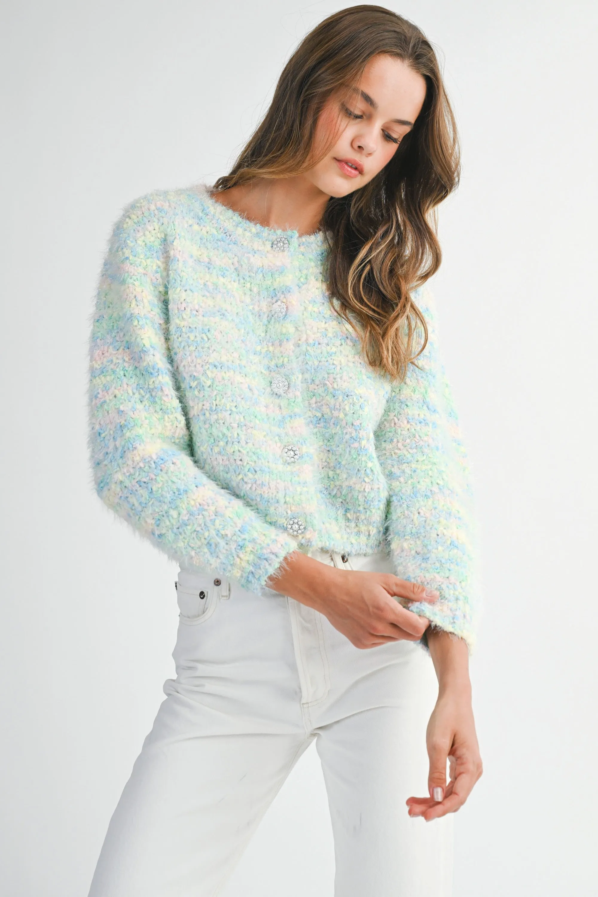 Pearl Button Down Fuzzy Knit Cardigan sold by Evercado