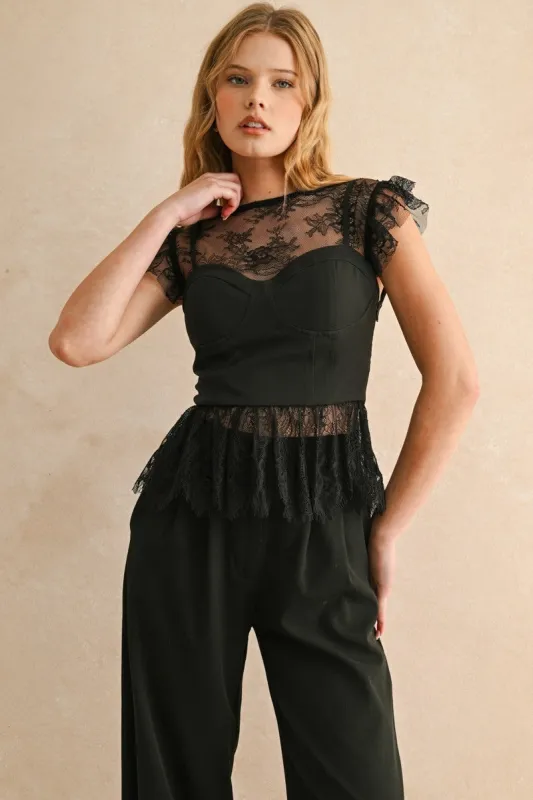 Black Mesh Flutter Sleeve Bustier Blouse sold by Evercado