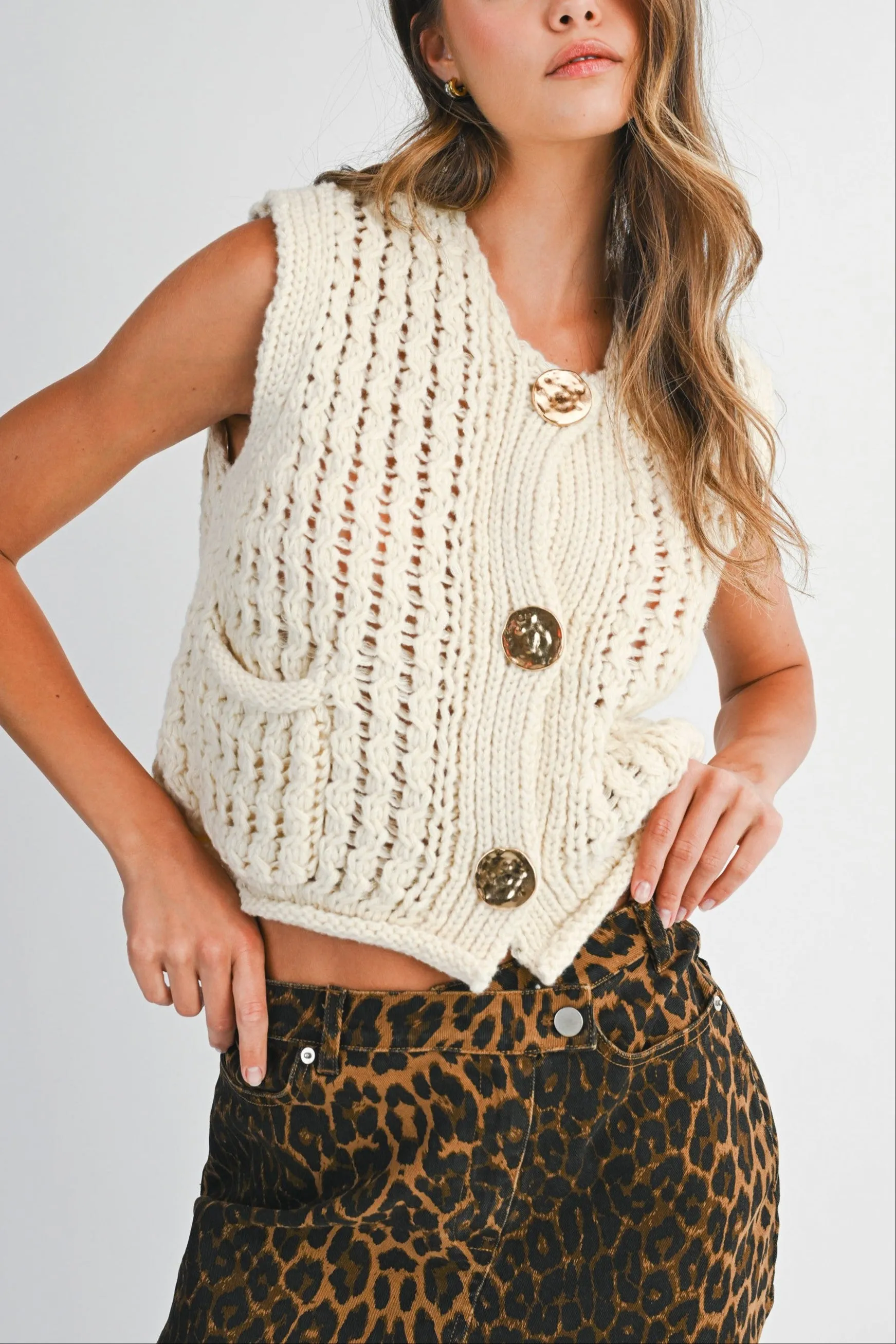 Chunky Knit Button-Up Vest with Gold Button sold by Evercado product image thumbnail 3