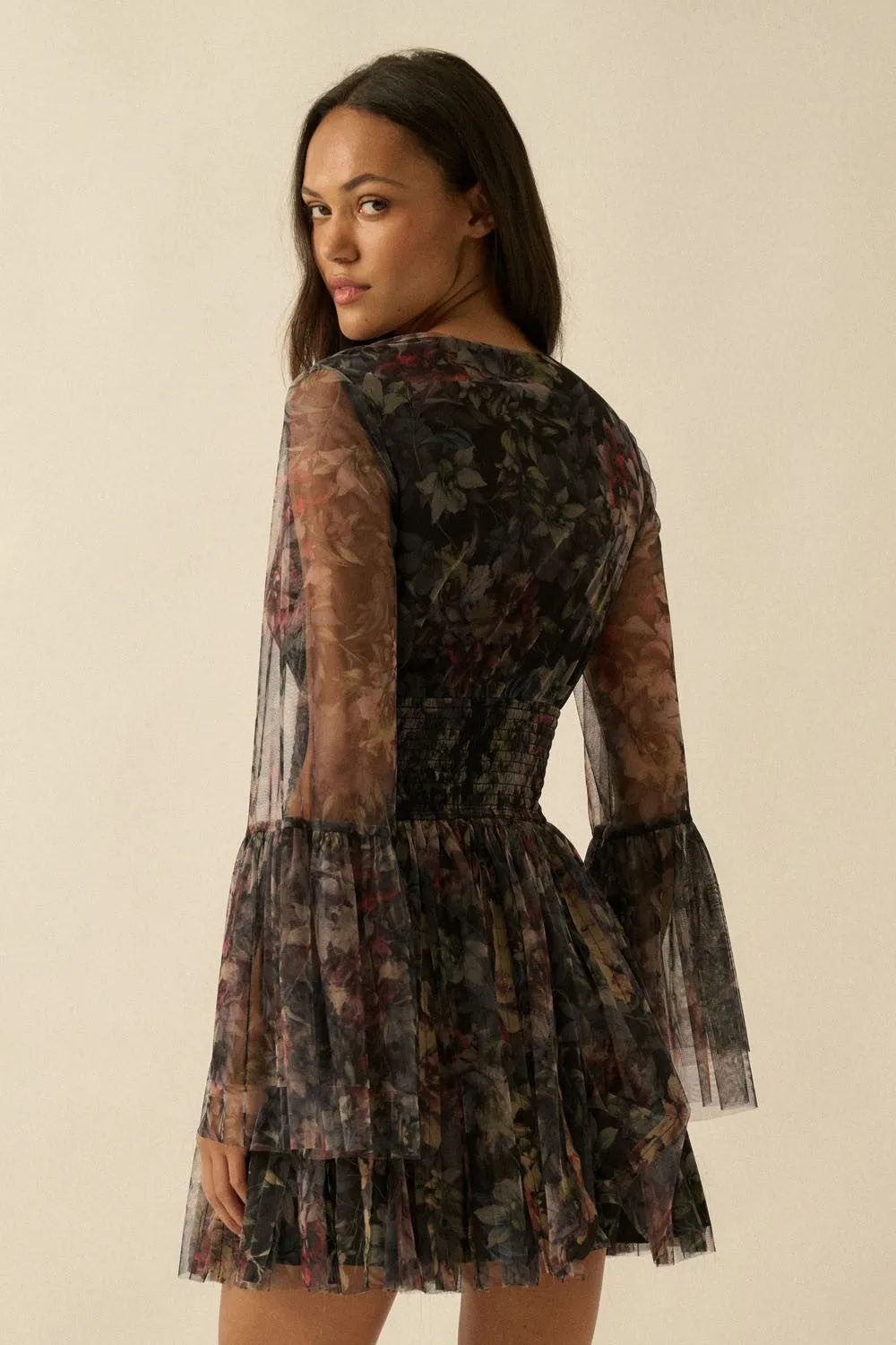 Floral Tulle Bell Sleeve Mini Dress sold by Evercado product image thumbnail 4