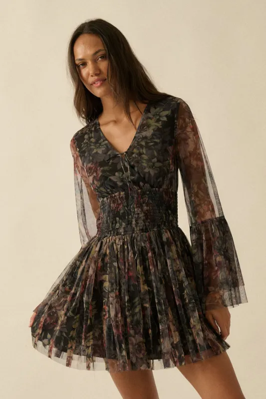 Floral Tulle Bell Sleeve Mini Dress sold by Evercado