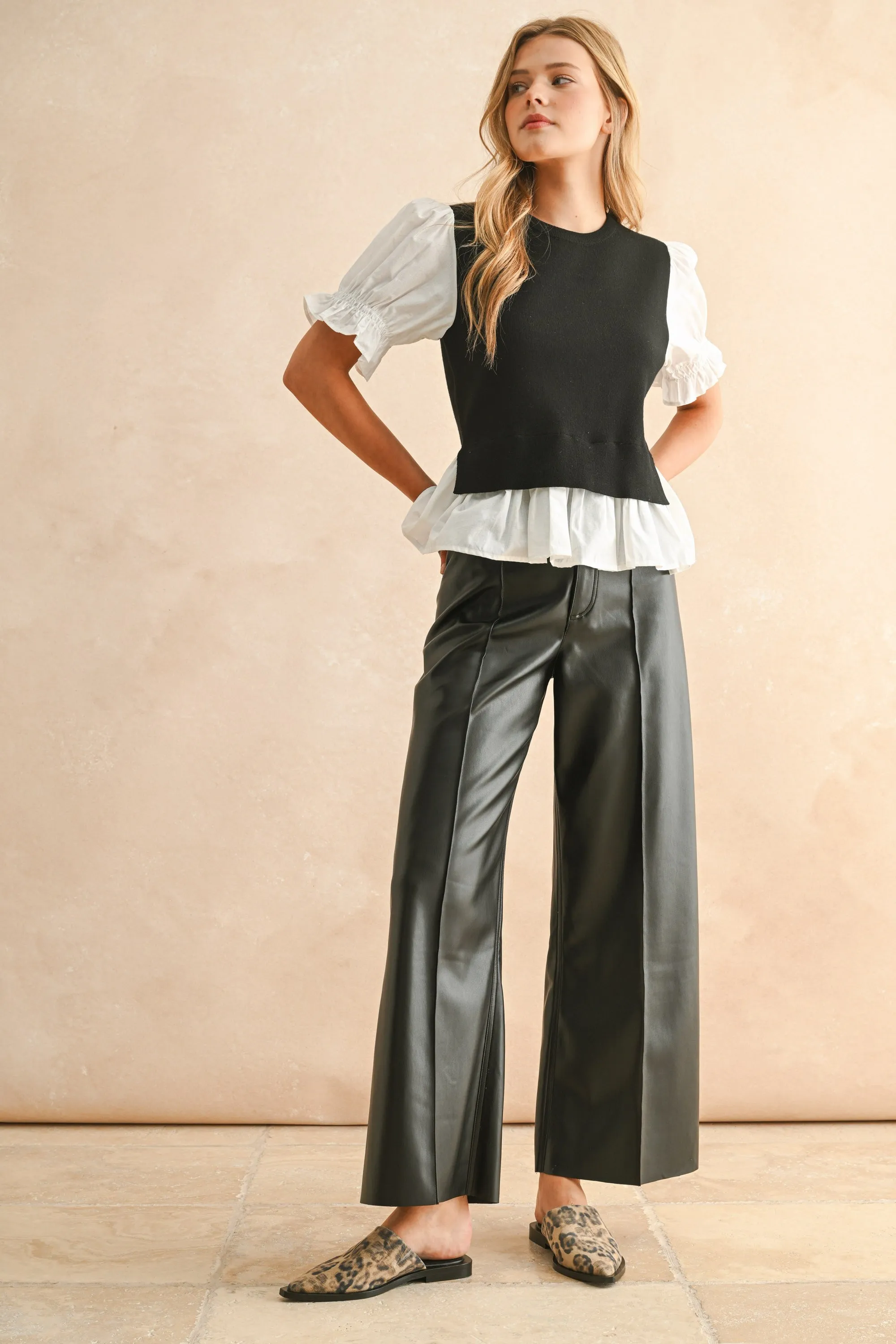 High-Waisted Faux Leather Wide-Leg Pants sold by Evercado product image thumbnail 4