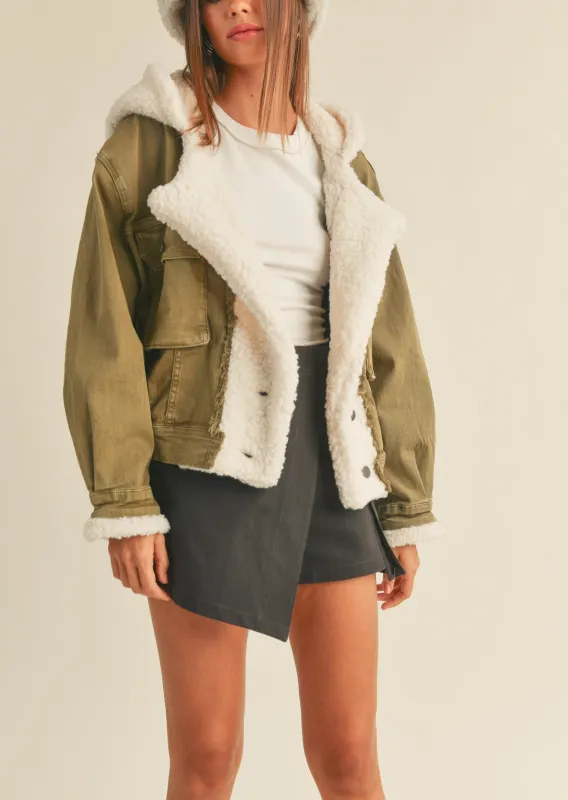 Cozy Sherpa Olive Denim Jacket sold by Evercado