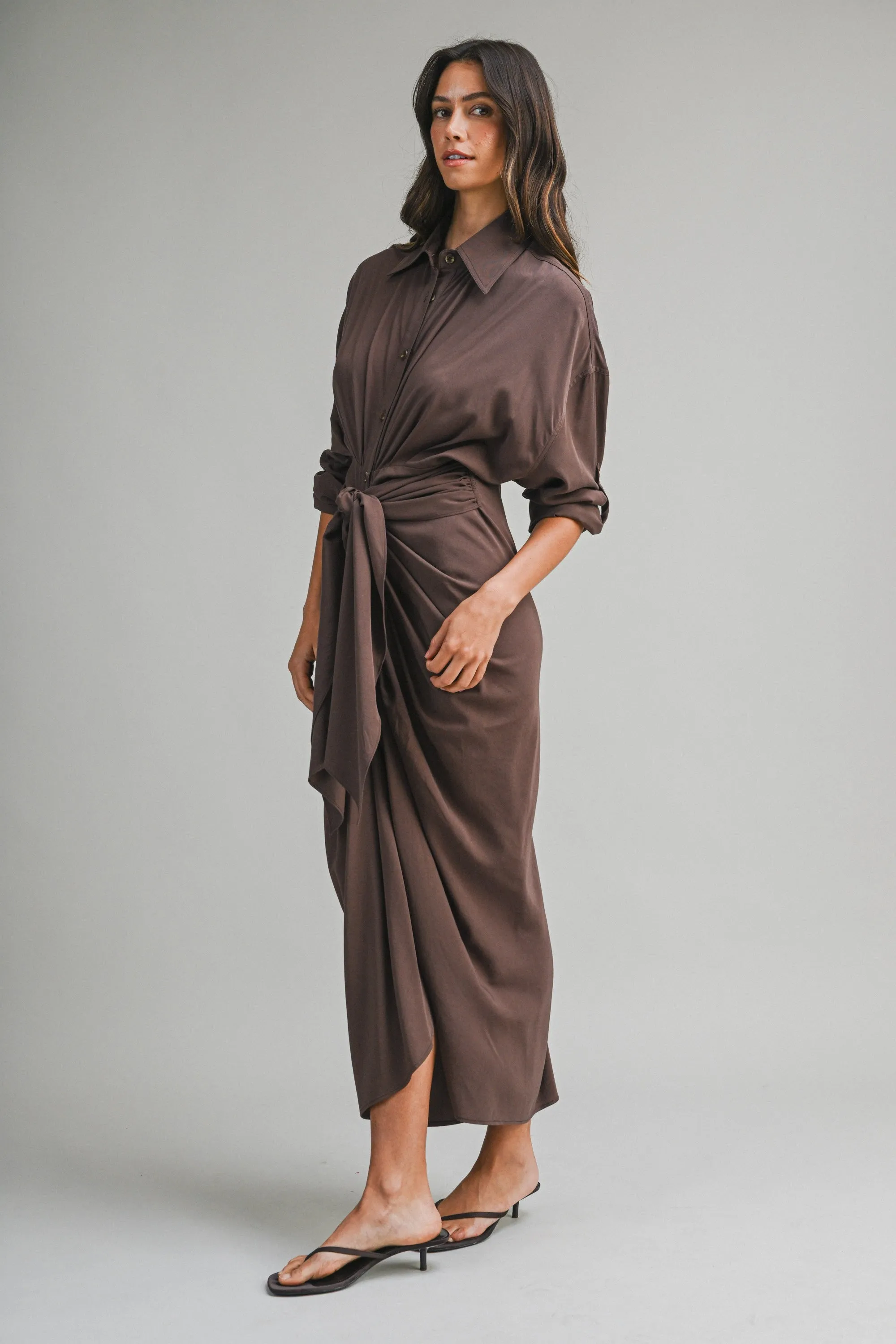Tencel Ruched Front Tie Shirt Maxi Dress – Chocolate Brown sold by Evercado product image thumbnail 3