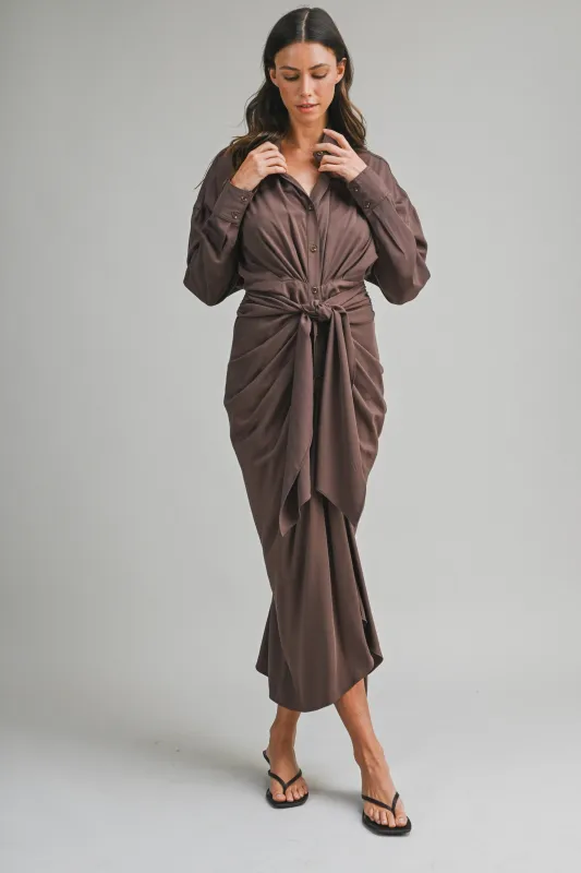 Tencel Ruched Front Tie Shirt Maxi Dress – Chocolate Brown sold by Evercado