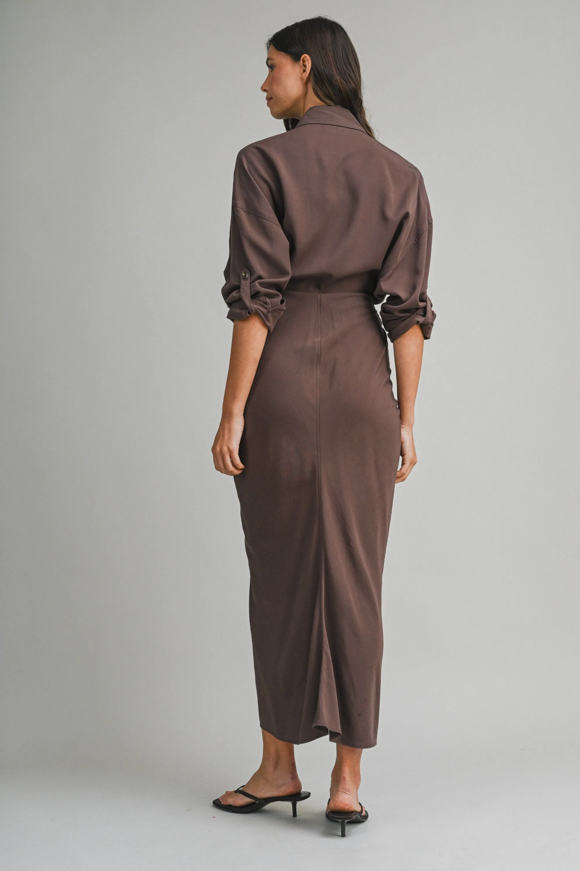 Tencel Ruched Front Tie Shirt Maxi Dress – Chocolate Brown sold by Evercado product image thumbnail 4