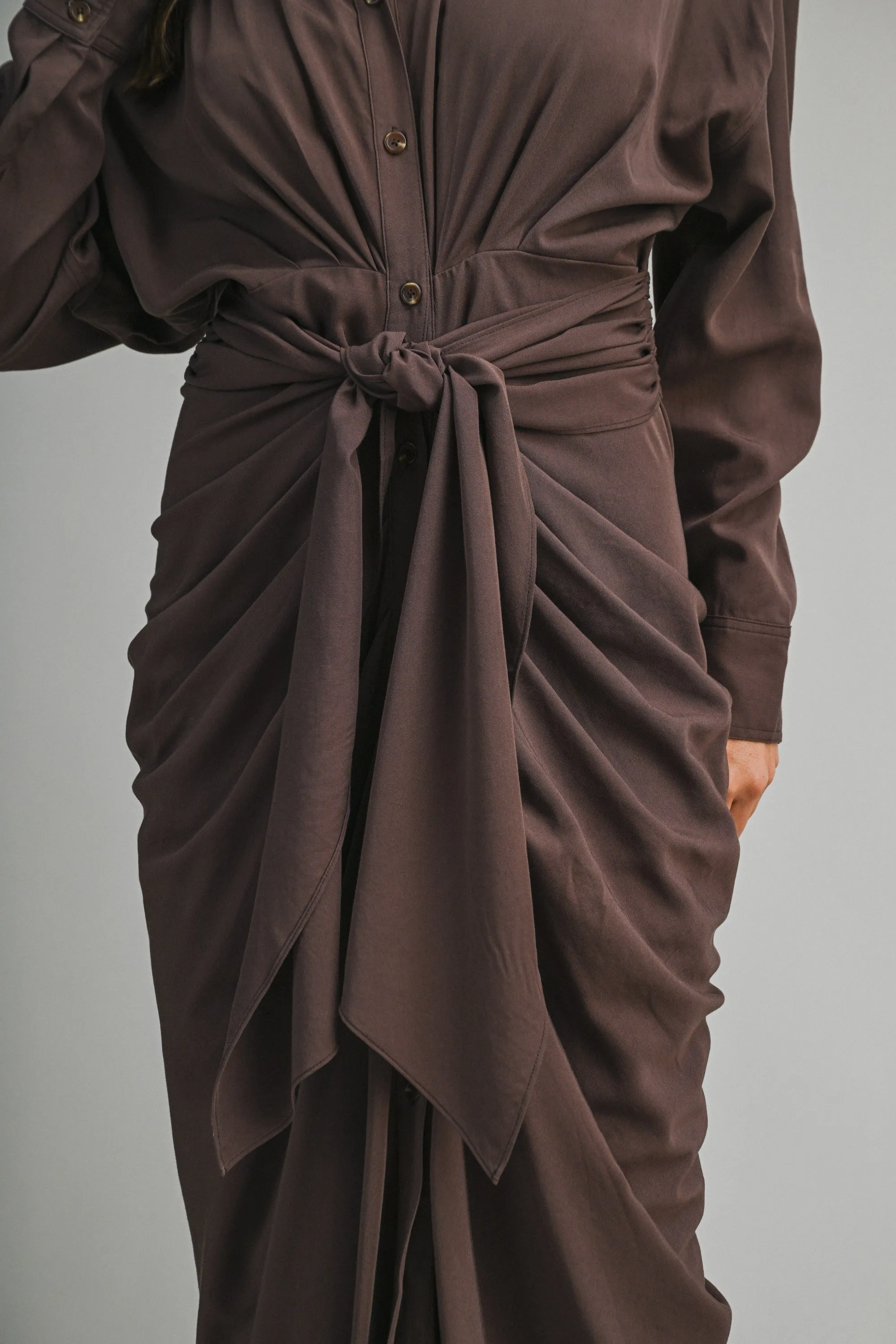 Tencel Ruched Front Tie Shirt Maxi Dress – Chocolate Brown sold by Evercado product image thumbnail 5