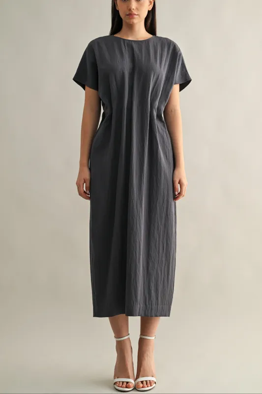 Minimal Short Sleeve Midi Dress with Waist Dart Detail made by Evercado