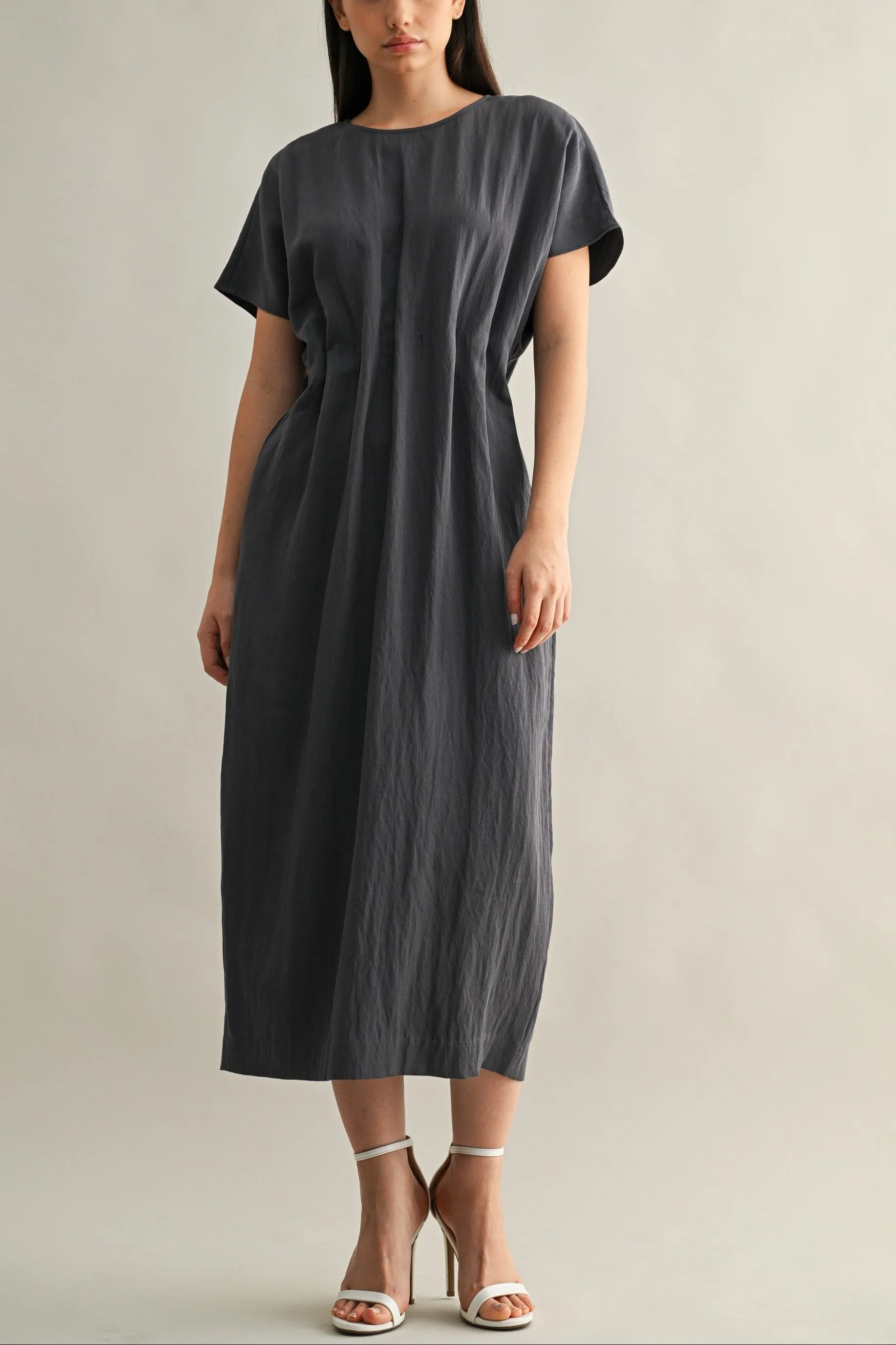 Minimal Short Sleeve Midi Dress with Waist Dart Detail sold by Evercado product image thumbnail 4