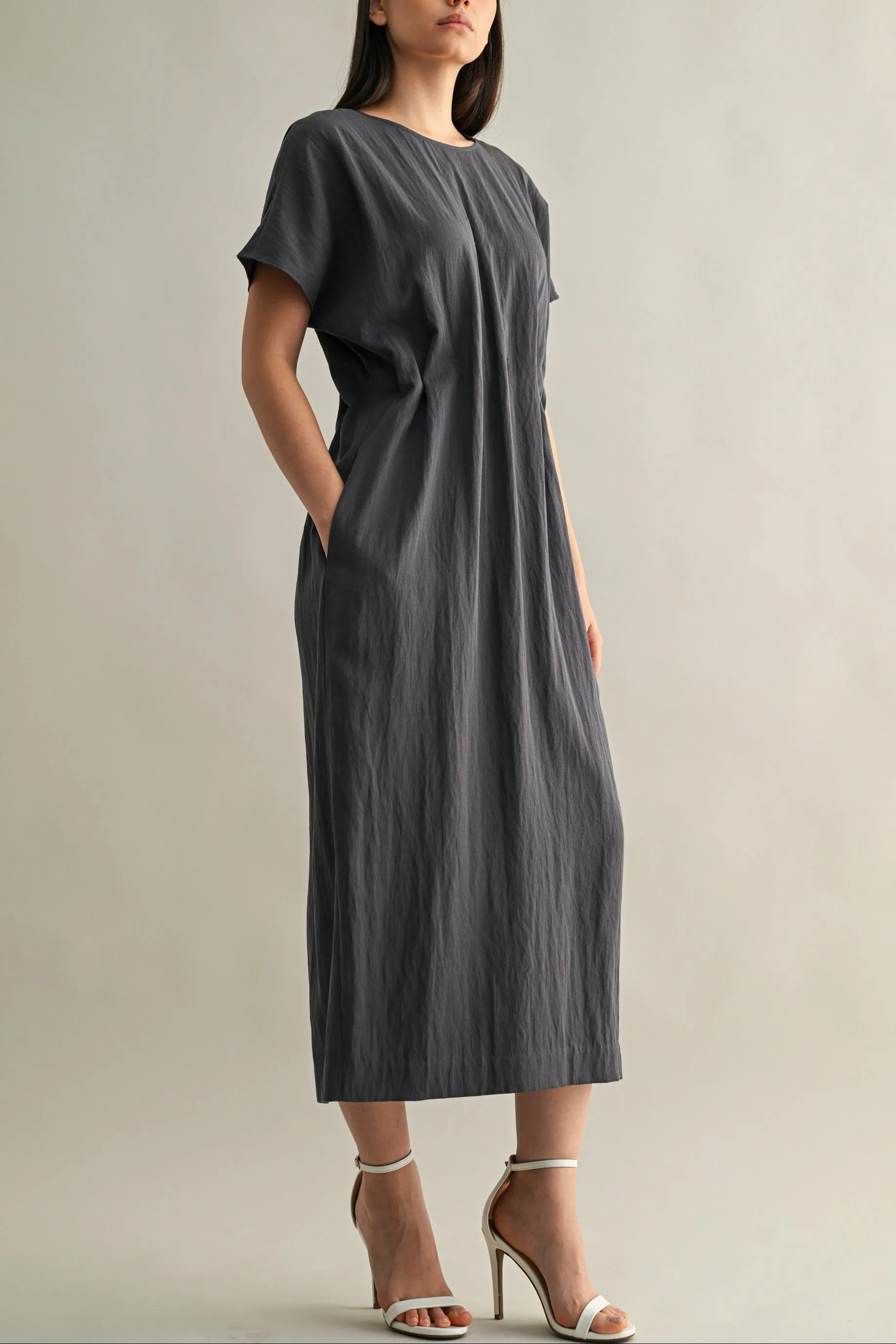 Minimal Short Sleeve Midi Dress with Waist Dart Detail sold by Evercado product image thumbnail 2