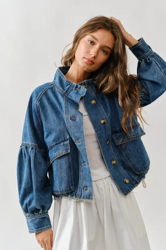 Utility Denim Jacket with Puff Sleeves made by Evercado