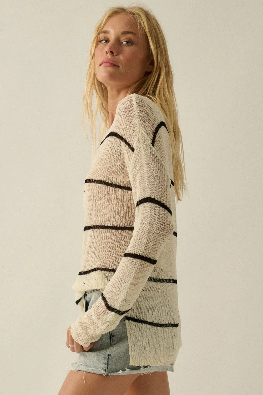 Sheer Striped Knit Sweater – Lightweight Relaxed Fit Pullover sold by Evercado product image thumbnail 3