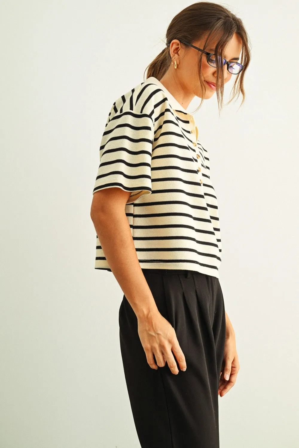 Striped Knit Polo Top with Button Placket sold by Evercado product image thumbnail 5