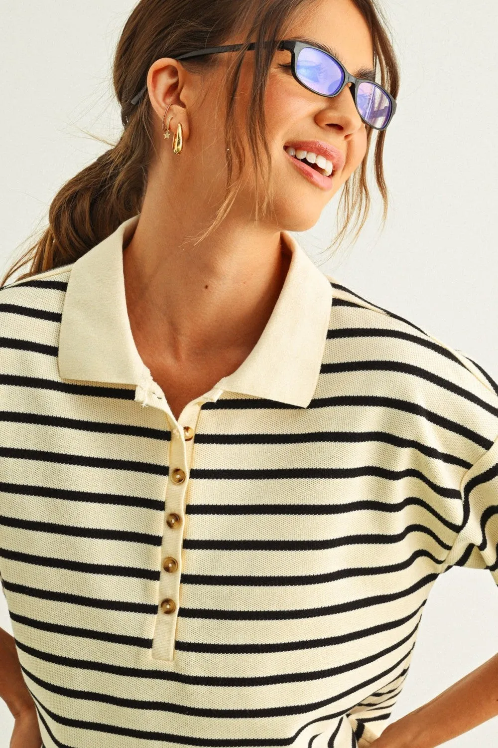Striped Knit Polo Top with Button Placket sold by Evercado product image thumbnail 2