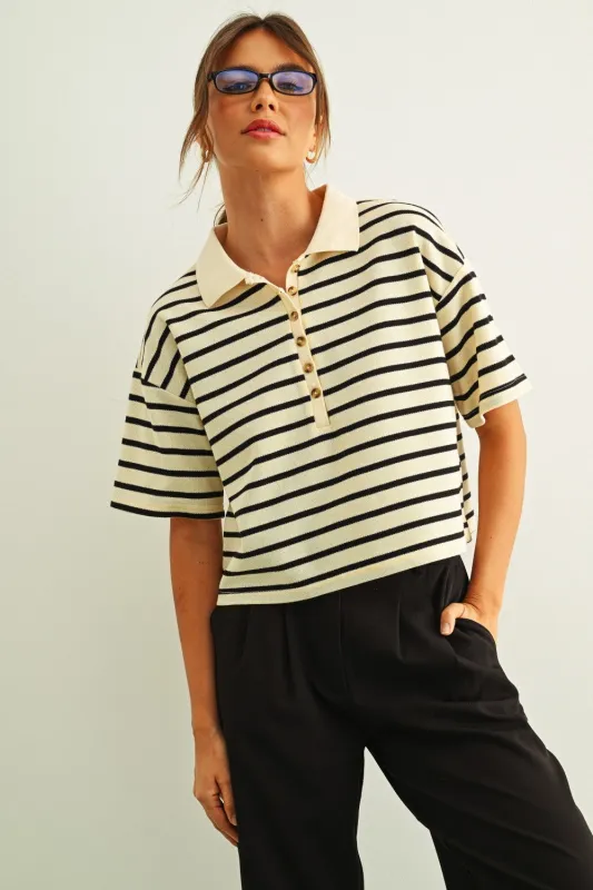 Striped Knit Polo Top with Button Placket made by Evercado