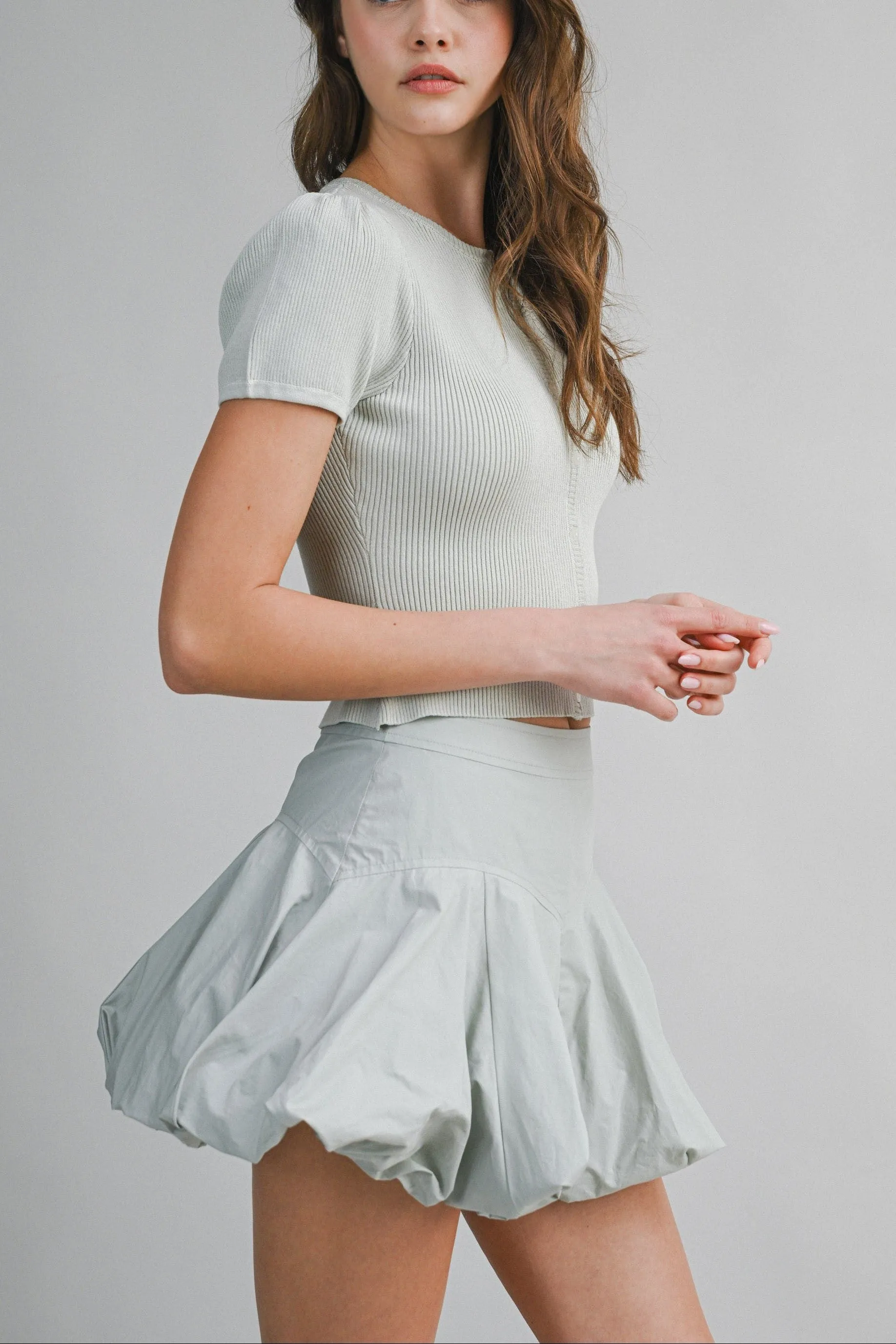 Ribbed Knit Button Top & Bubble Mini Skirt Set sold by Evercado product image thumbnail 2