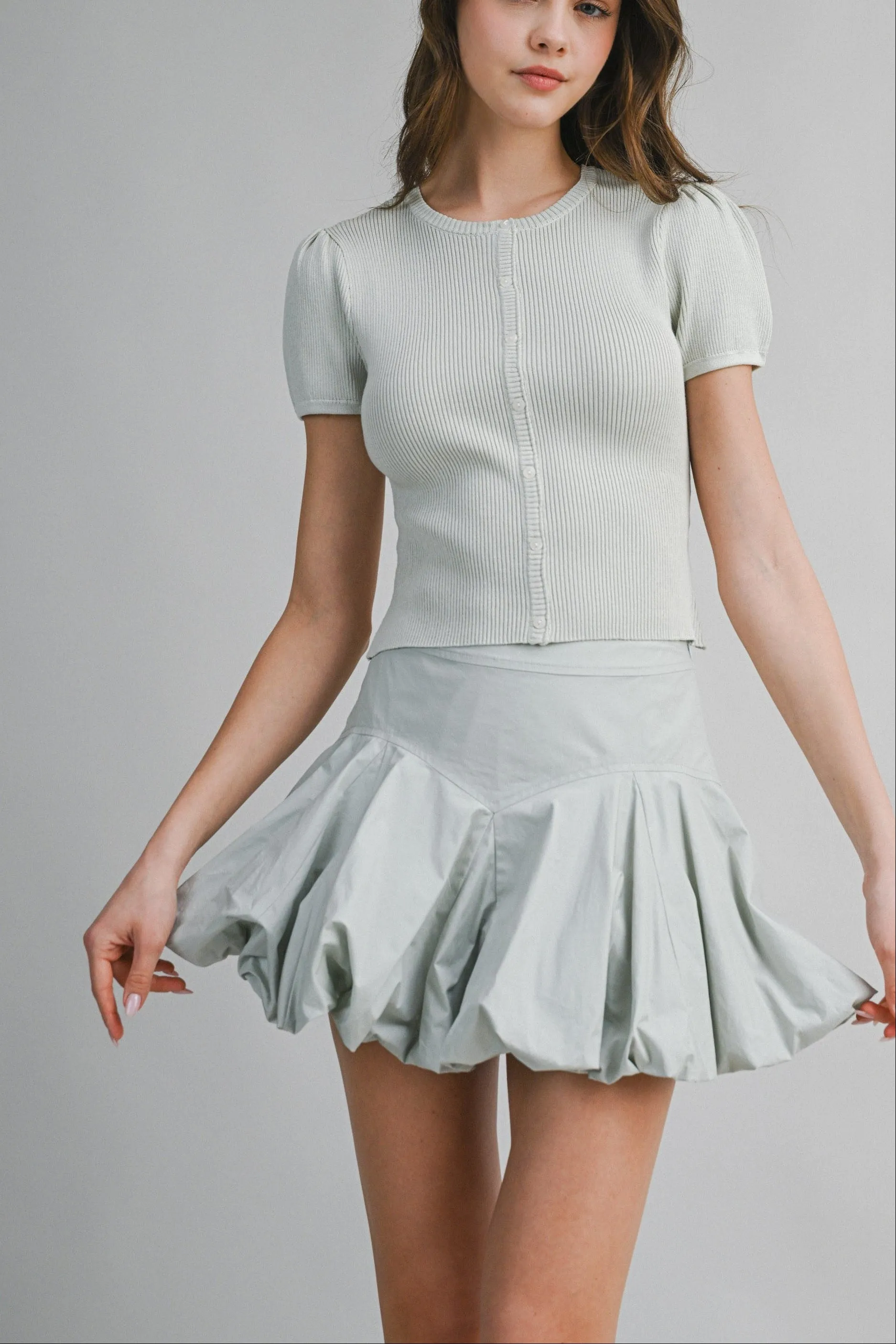Ribbed Knit Button Top & Bubble Mini Skirt Set sold by Evercado