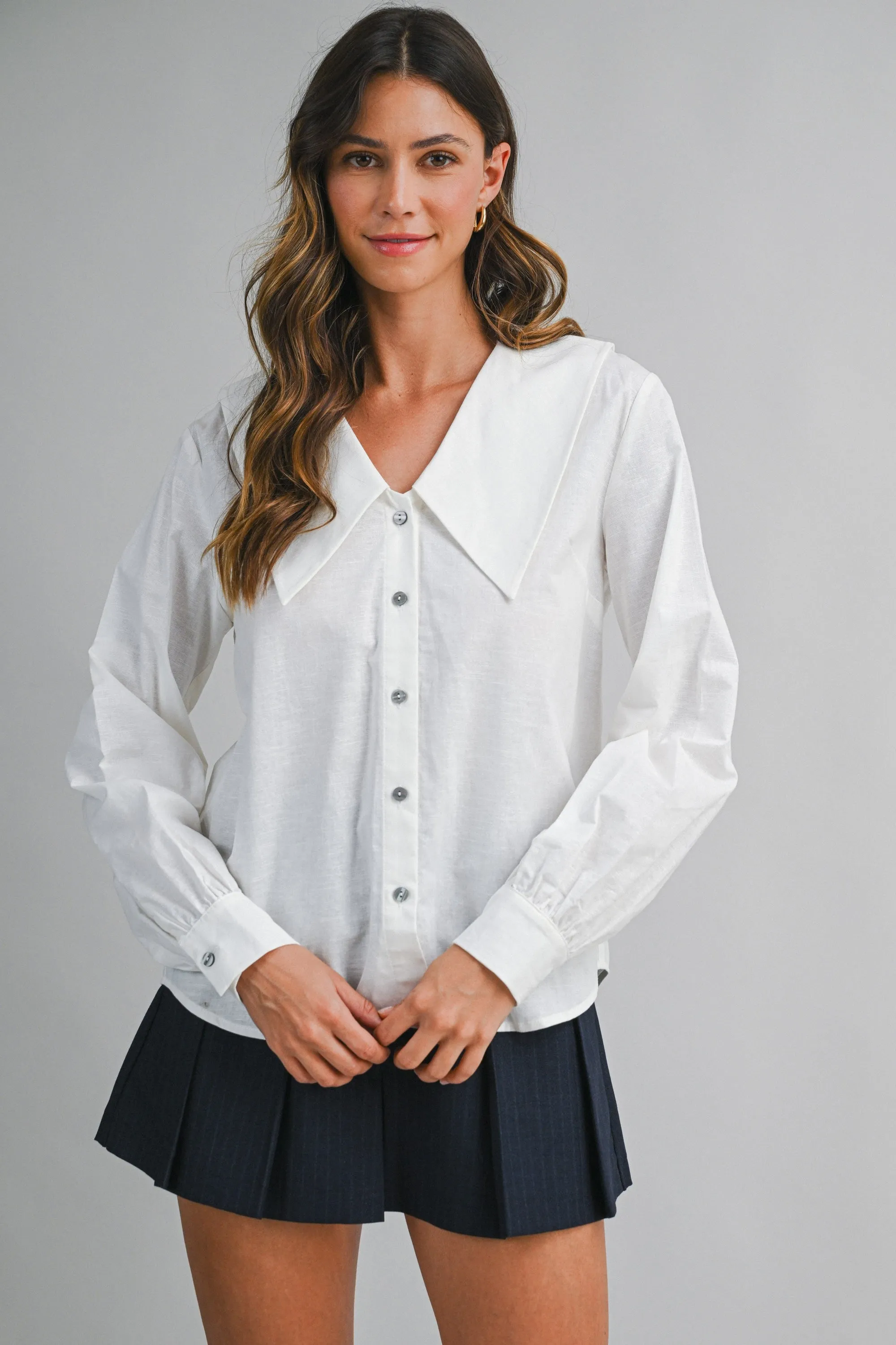 Linen Blend Collar Button Down Long Sleeve Blouse sold by Evercado product image thumbnail 4