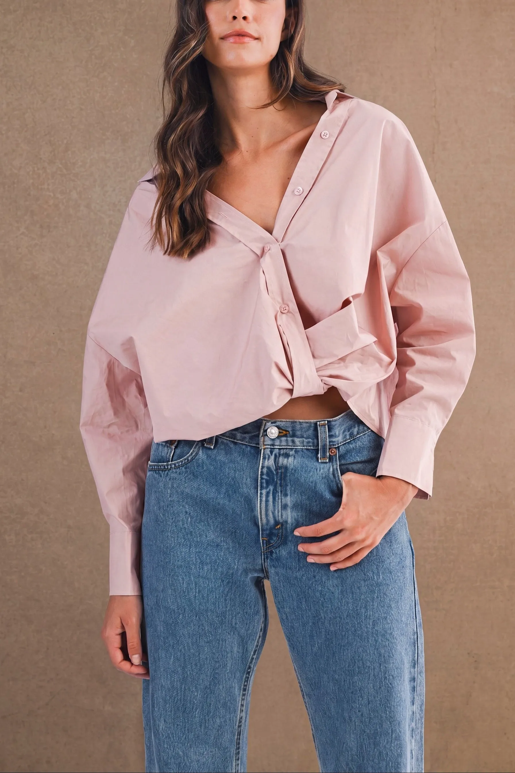 Oversized Twist Front Cotton Button-Down Shirt sold by Evercado product image thumbnail 2