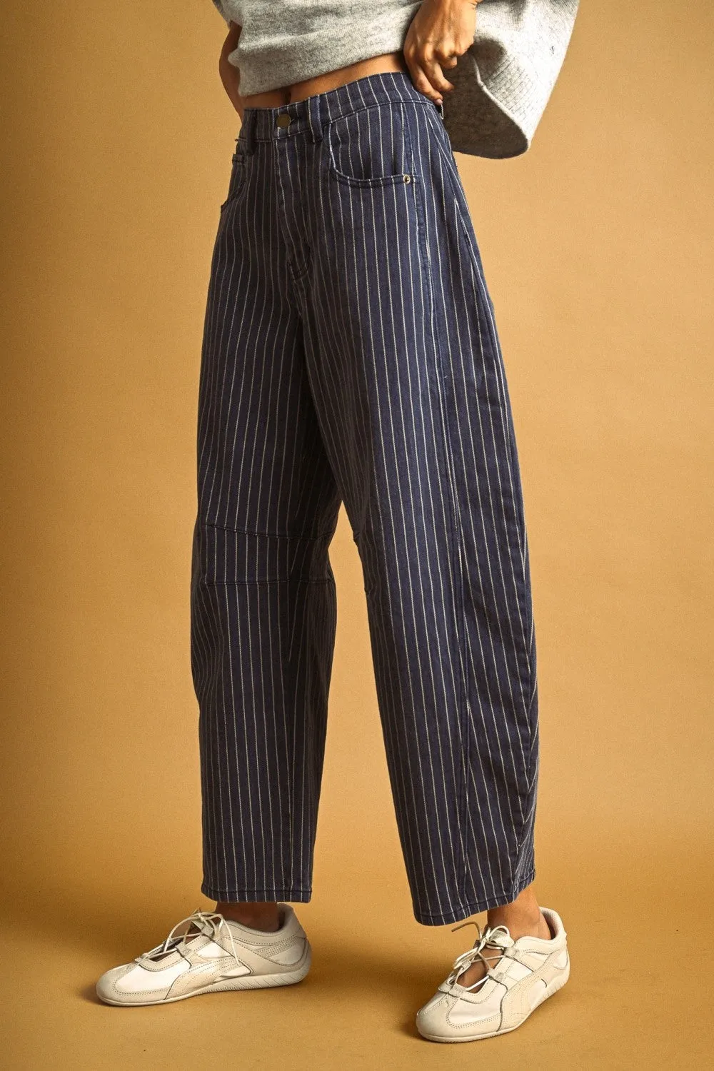 High-Rise Pinstripe Barrel Leg Cotton Pants sold by Evercado product image thumbnail 2