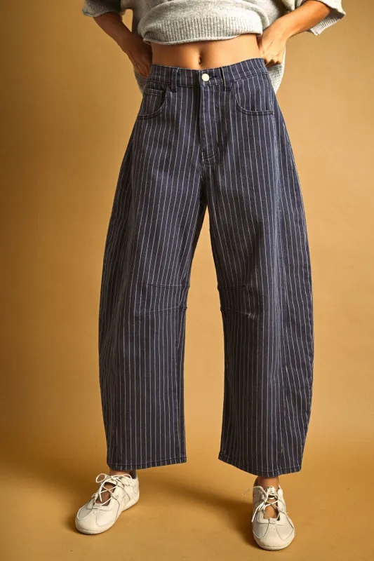 High-Rise Pinstripe Barrel Leg Cotton Pants made by Evercado