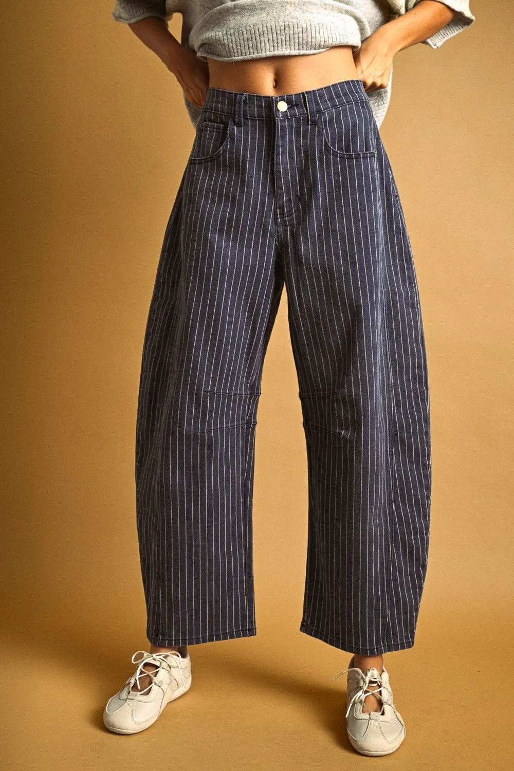 High-Rise Pinstripe Barrel Leg Cotton Pants sold by Evercado
