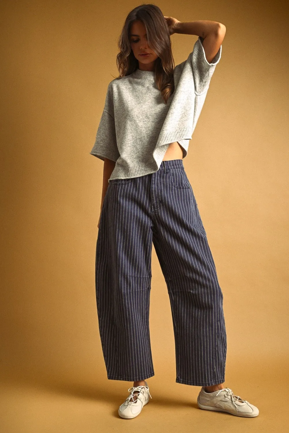 High-Rise Pinstripe Barrel Leg Cotton Pants sold by Evercado product image thumbnail 4